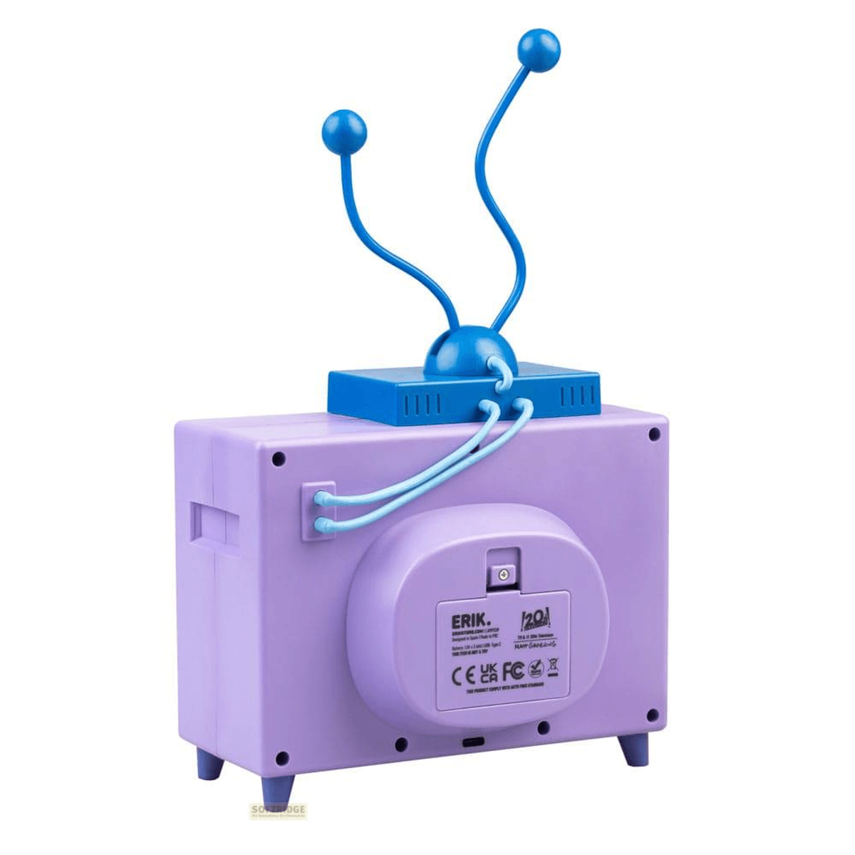 Un televisor morado con antena y cables azules sobre fondo blanco.