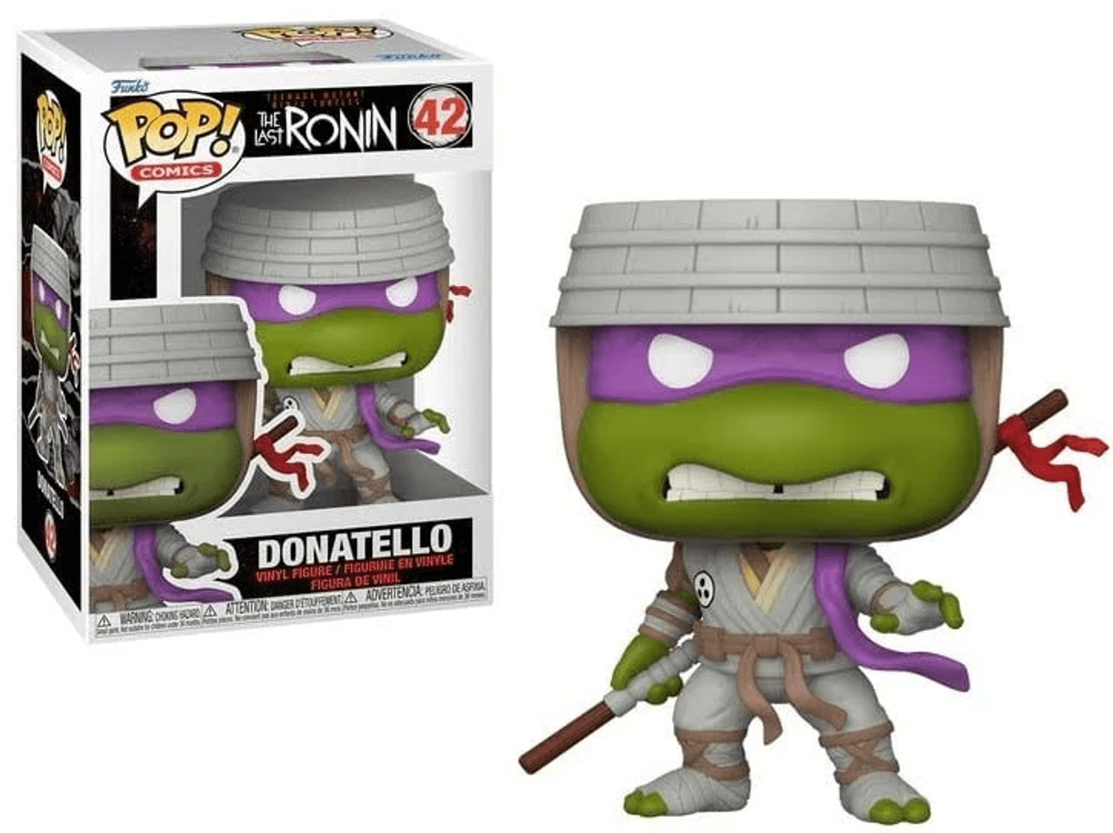 Figura de vinilo de Donatello con sombrero y bastón, en caja.