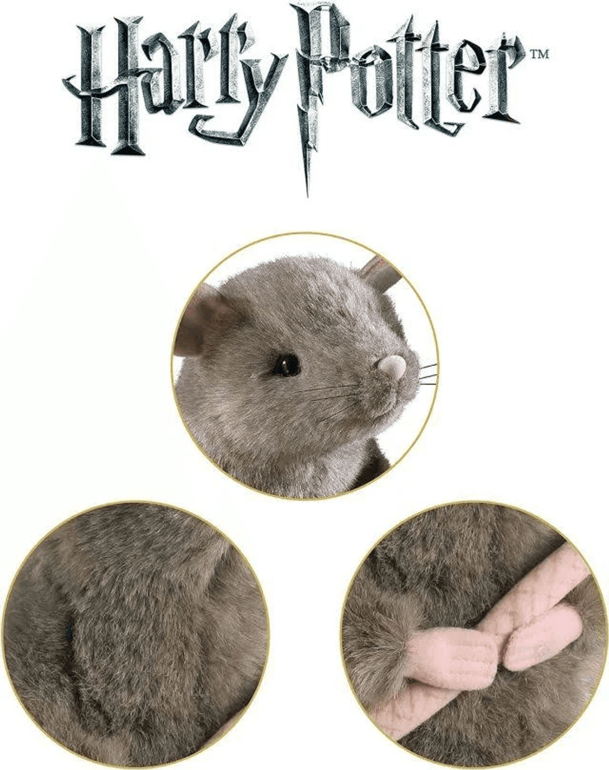 Peluche gris con logo de Harry Potter. Muestra cara, pelaje y patas.