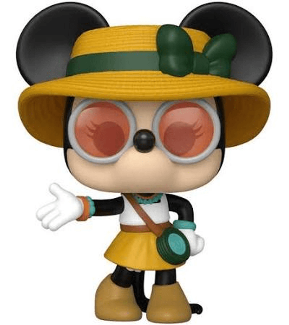 Figura de Minnie Mouse con sombrero, gafas y falda amarillos, con bolso.
