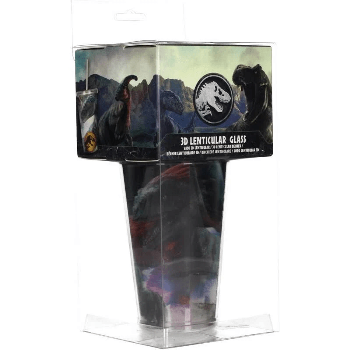 Embalaje de vaso lenticular 3D con dinosaurios y logo de Jurassic World.