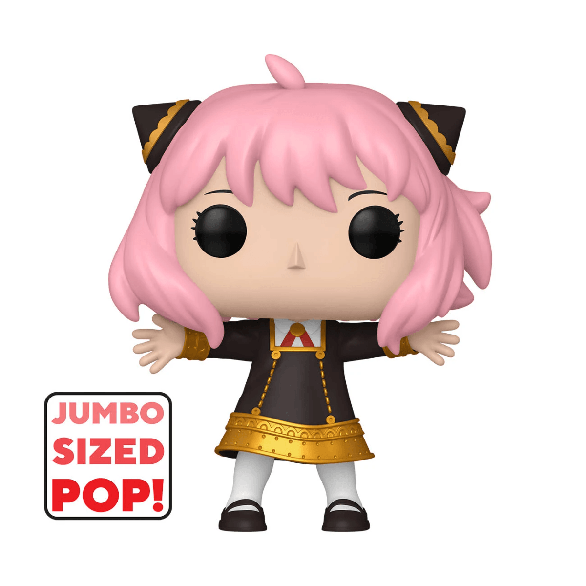 Eine Funko Pop!-Figur von Anya Forger mit rosa Haaren, die eine schwarze Uniform trägt.