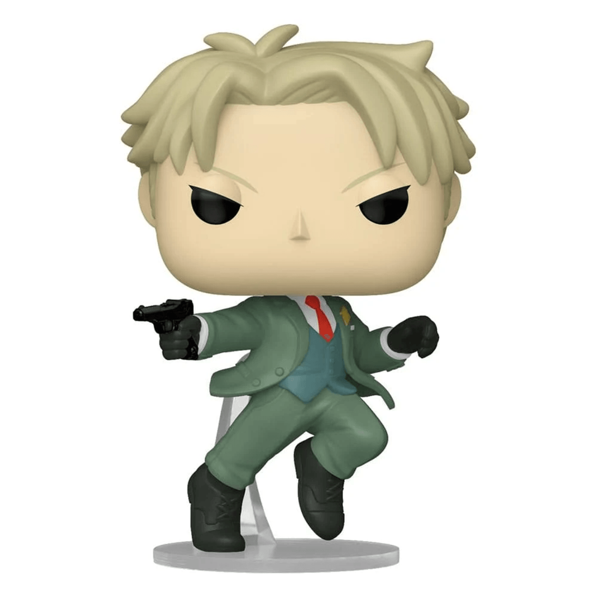 Una figura de pelo rubio sostiene un arma, vestida con traje verde.