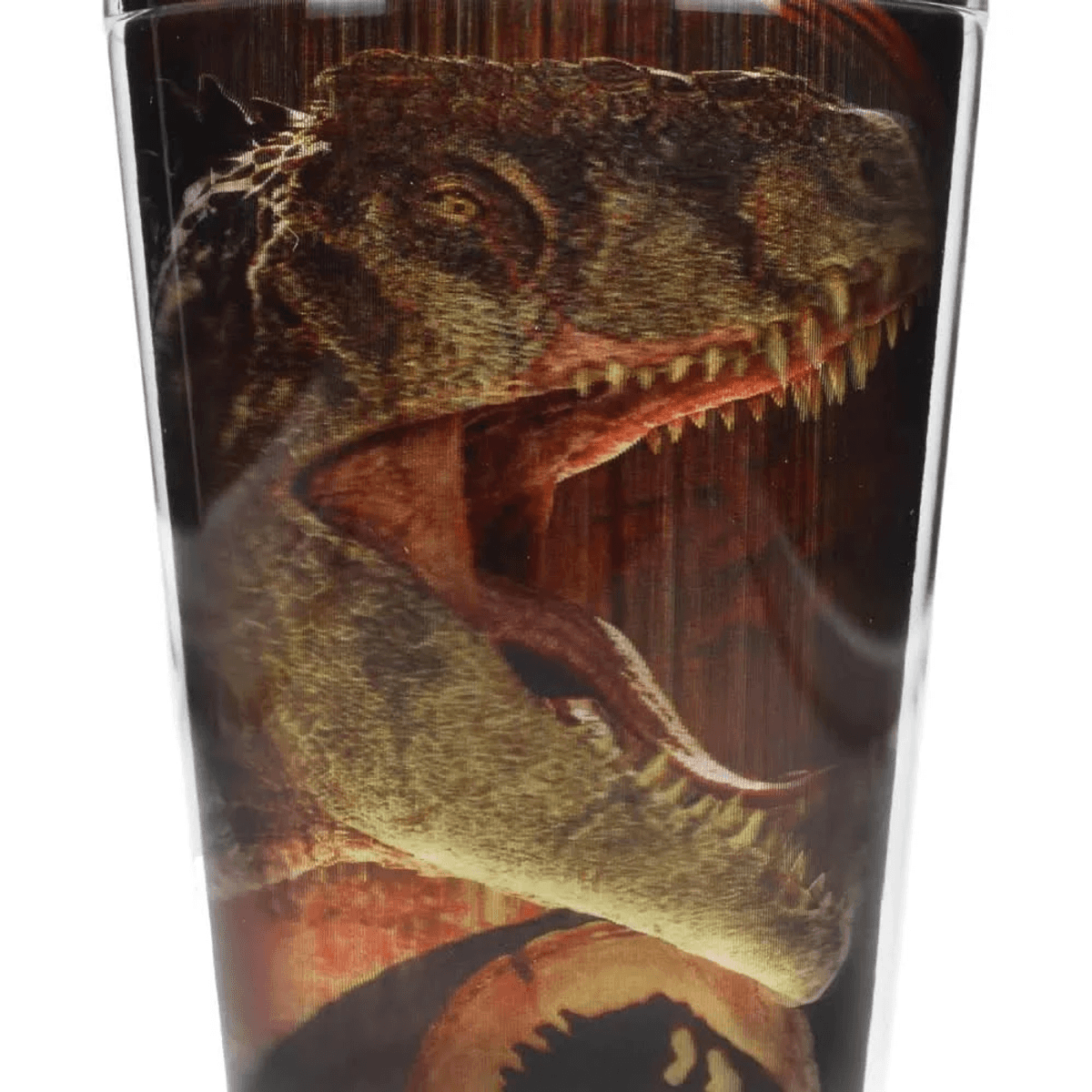 Primer plano de la cabeza de un dinosaurio con la boca abierta y dientes afilados.