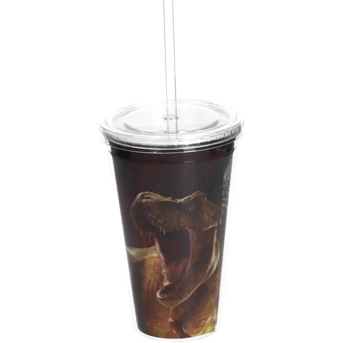 Un vaso transparente con estampado de T-Rex y pajita transparente.