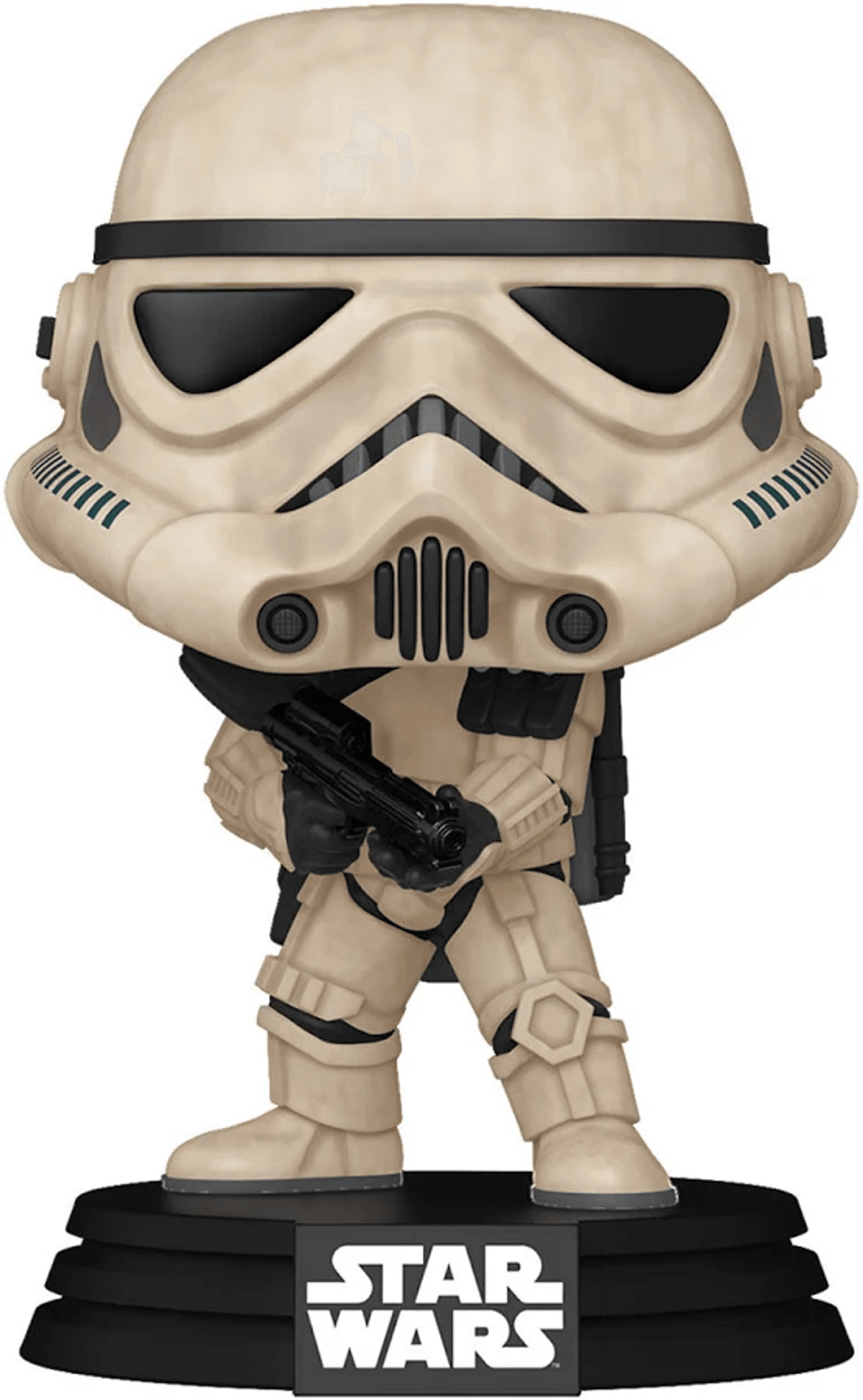 Figura de Stormtrooper de Star Wars con casco y rifle sobre base negra.