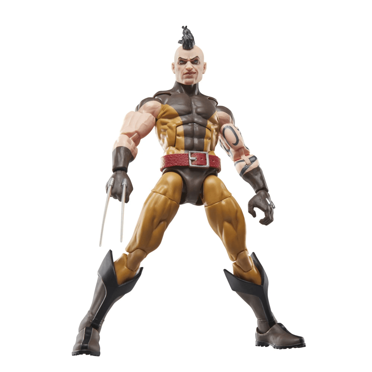 Figura de acción con mohawk, traje marrón y amarillo, cinturón rojo y garras.
