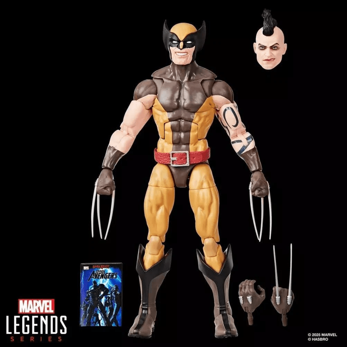 Figura de Wolverine con manos, cabeza y accesorios alternativos sobre fondo negro.