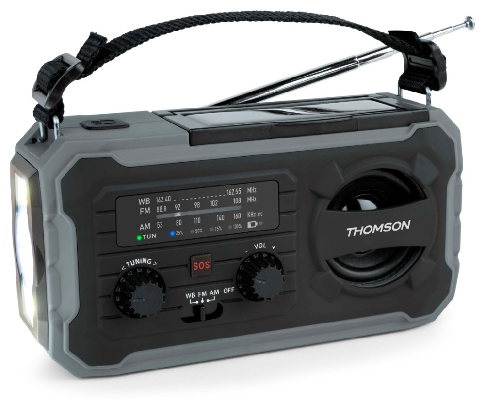 Radio di emergenza Thomson grigia e nera con torcia, pannello solare e antenna.