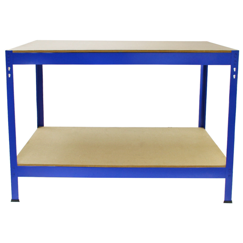 Un estante azul con dos baldas de madera, sobre fondo blanco.