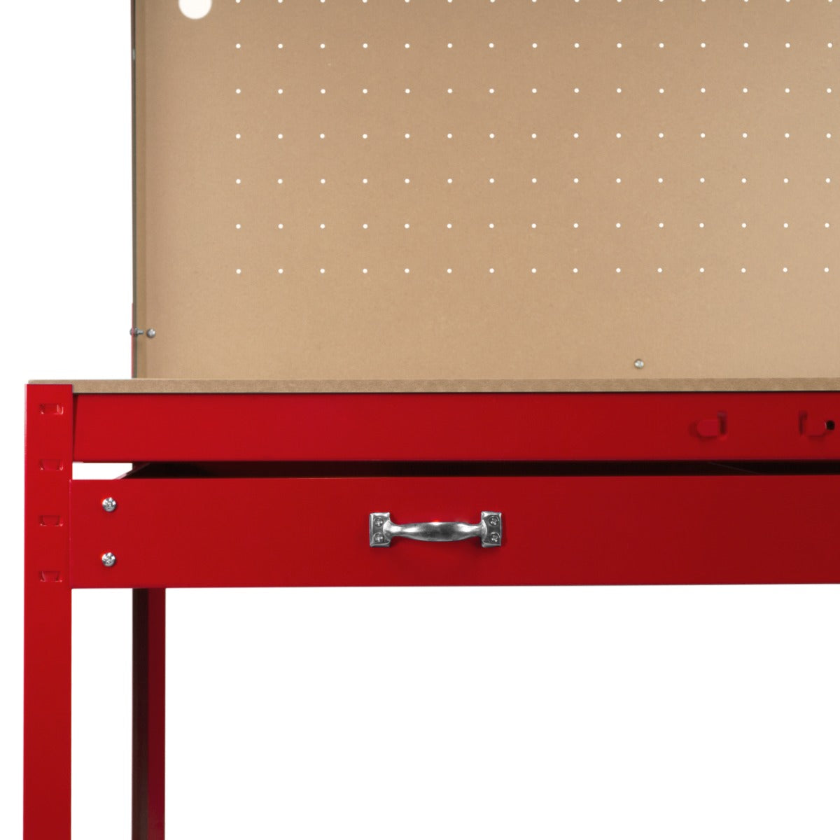 Banco de trabajo rojo con cajón y panel perforado.