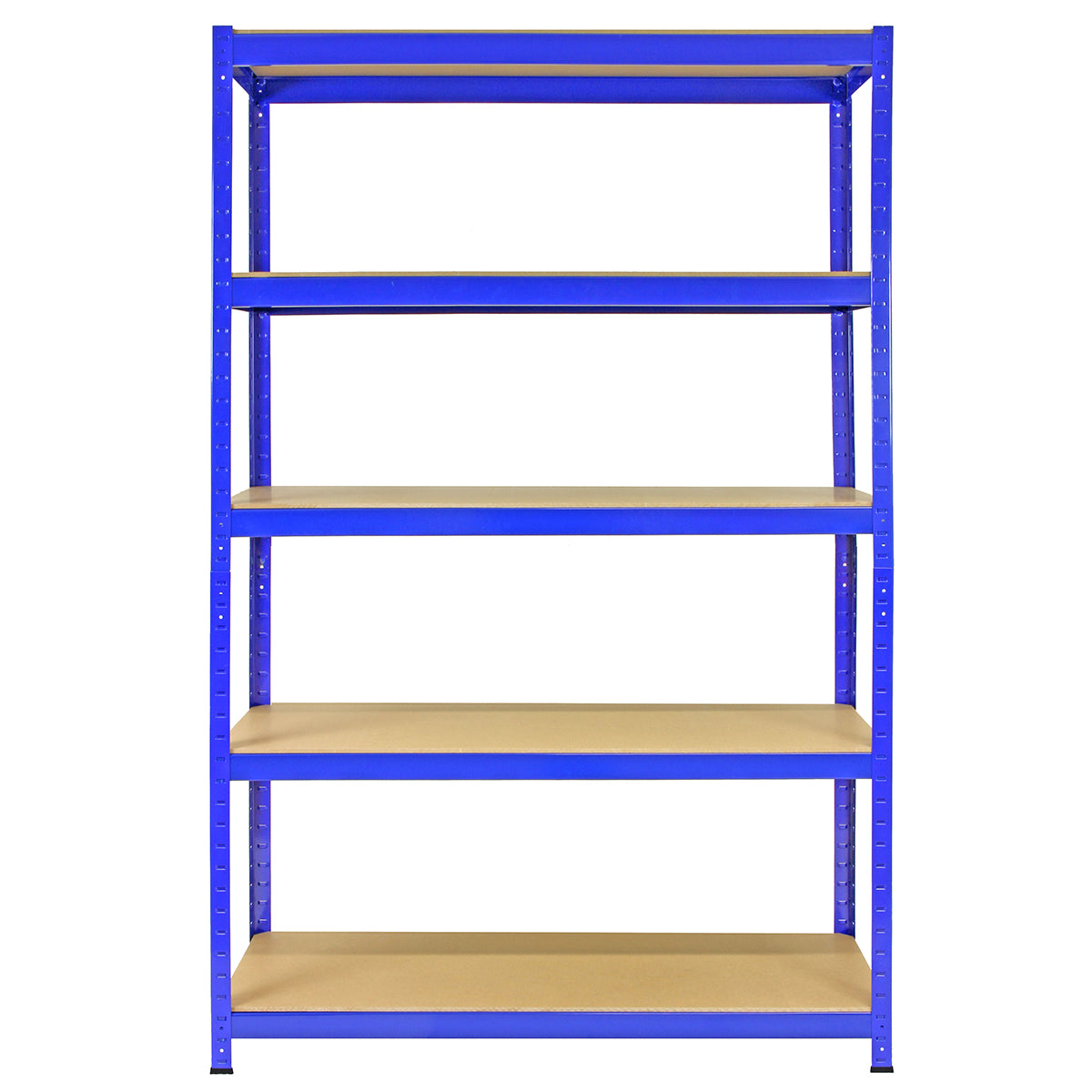 Un estante metálico azul con cinco baldas de madera sobre fondo blanco.