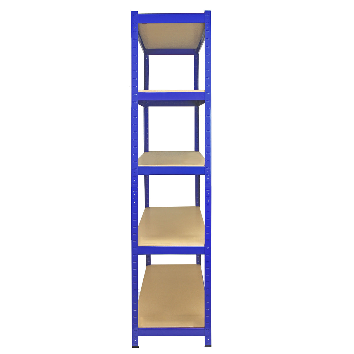 Un estante azul de cinco niveles con estantes de madera.