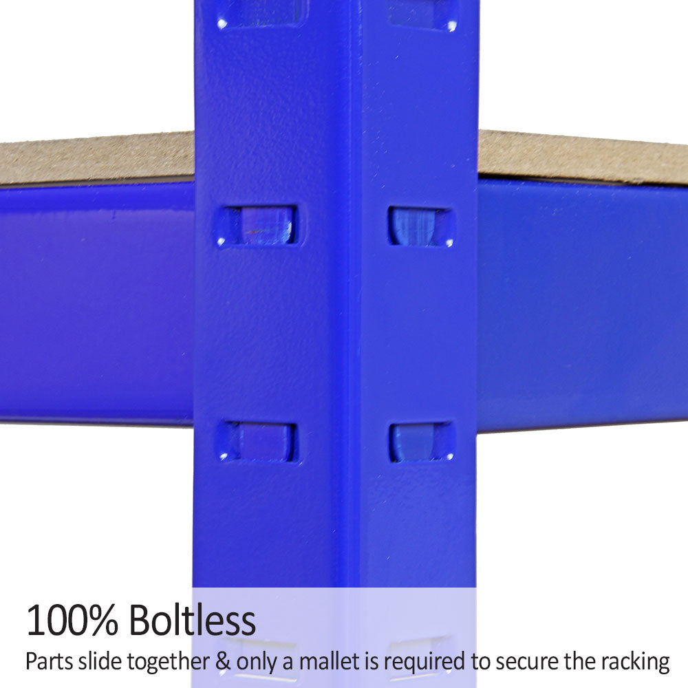 Montante azul para estantería con ranuras, estante marrón. Texto: 100% sin tornillos.