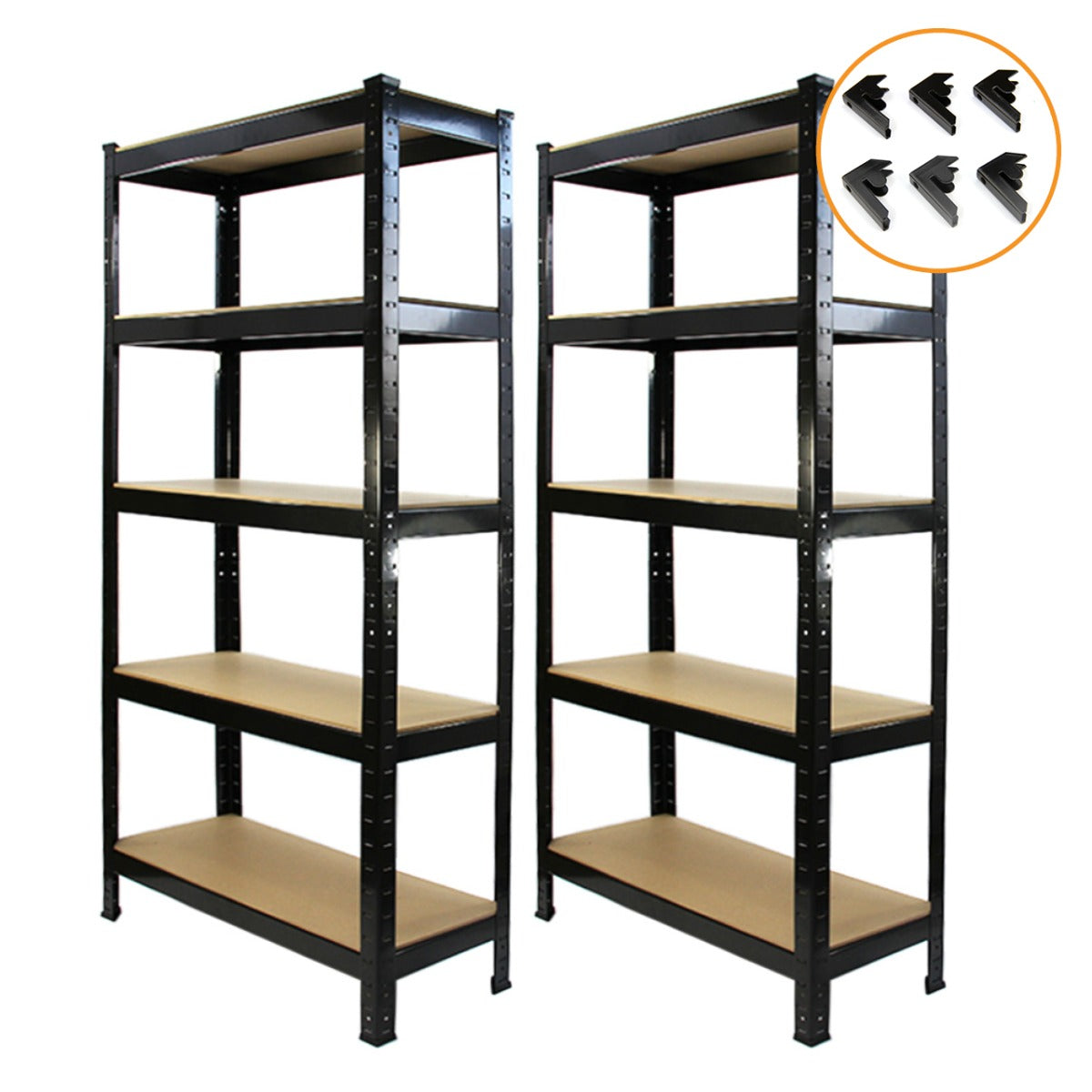 Dos estanterías metálicas negras con tablones de madera y protectores.