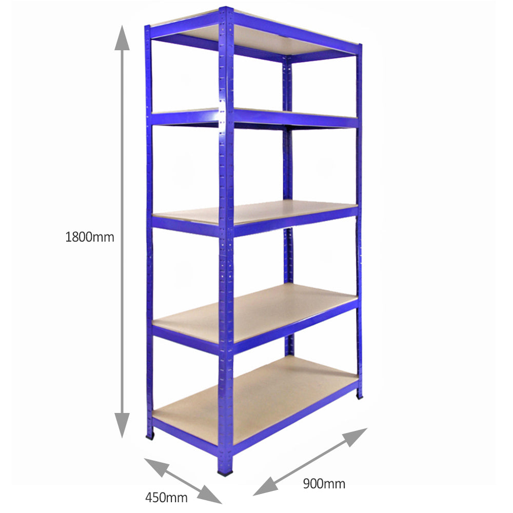 Un estante azul de 5 niveles con estantes de madera. Dimensiones: 1800x900x450mm.