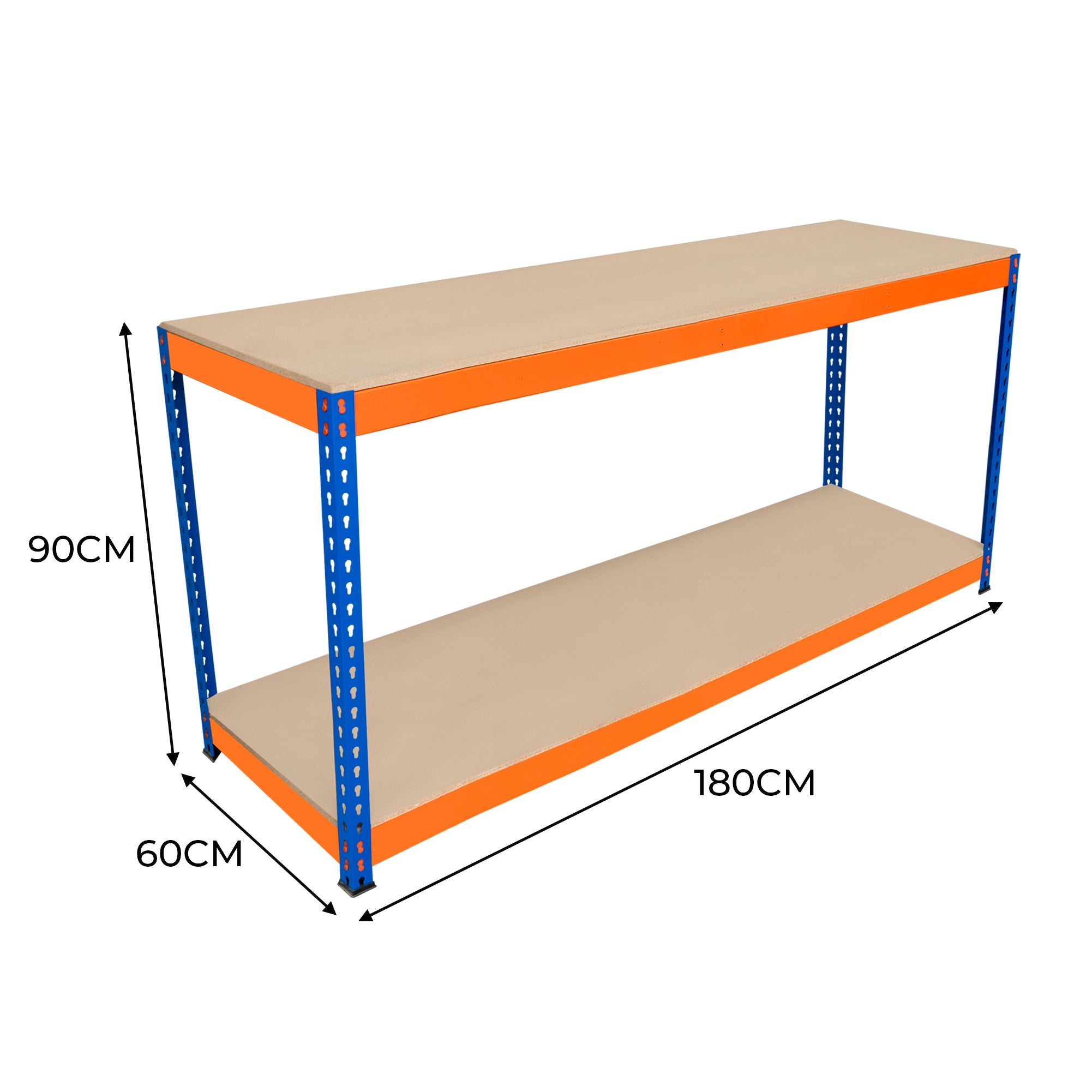 Estantería azul con bordes naranjas y tablas de madera. Dimensiones: 180x60x90cm.