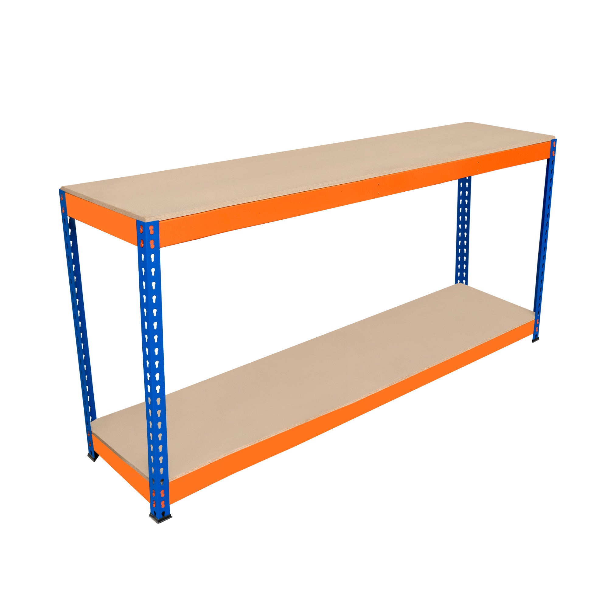 Estantería de dos niveles con marcos de metal azul y estantes de madera marrón claro.