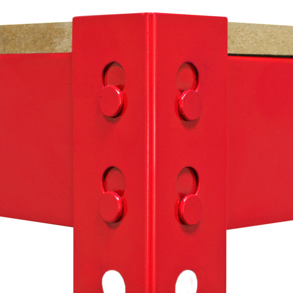 Soporte de estante rojo con cuatro hendiduras redondas y dos paneles de madera.