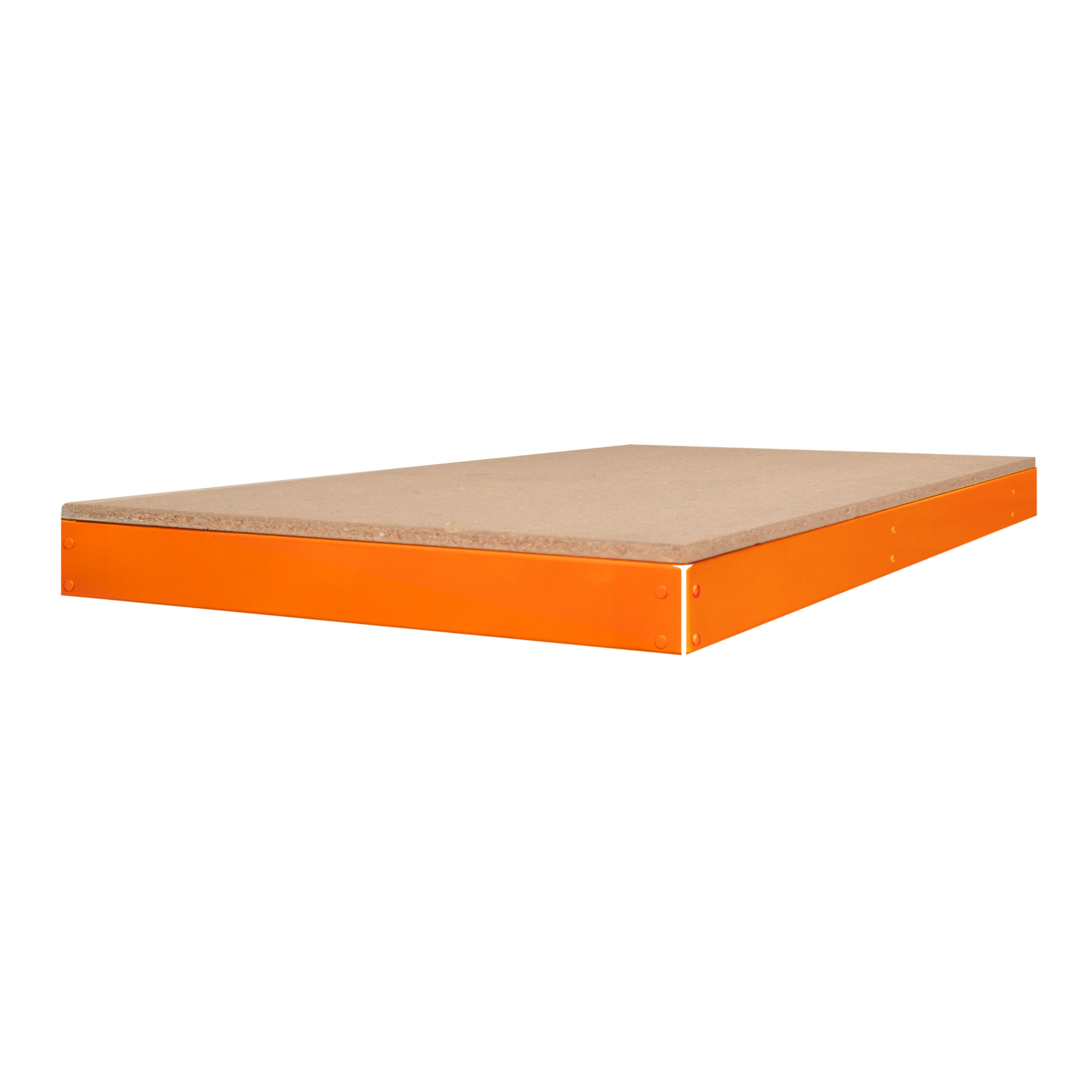 Un marco metálico naranja soporta una tabla de madera marrón.