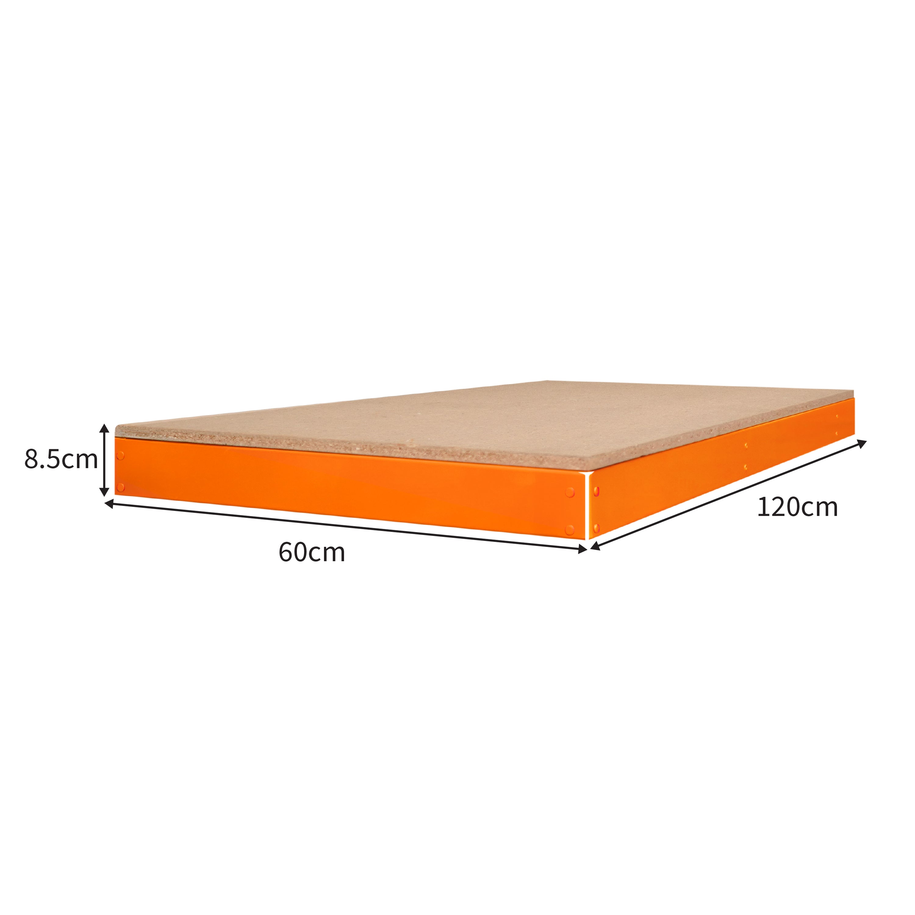Un marco naranja soporta una tabla de madera. Dimensiones: 120x60x8,5cm.