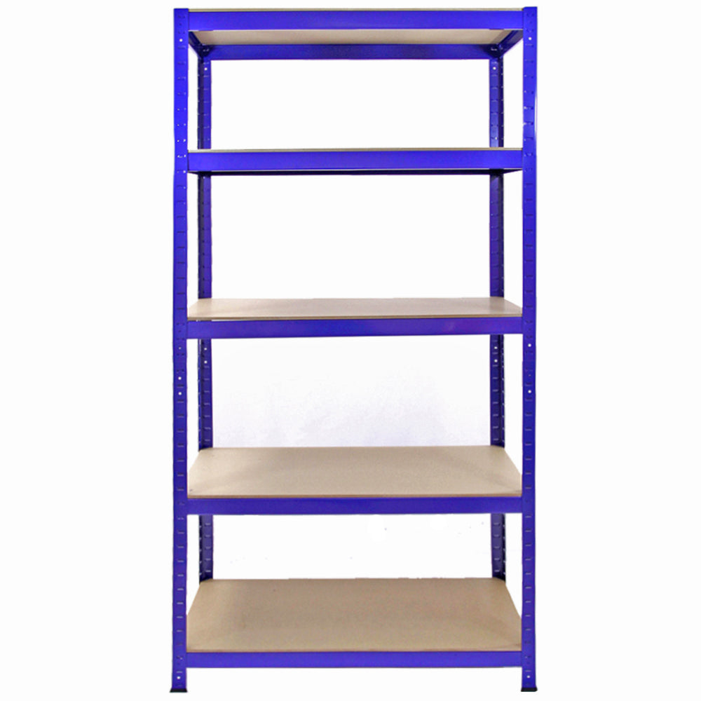 Un estante azul con cinco baldas de madera sobre fondo blanco.
