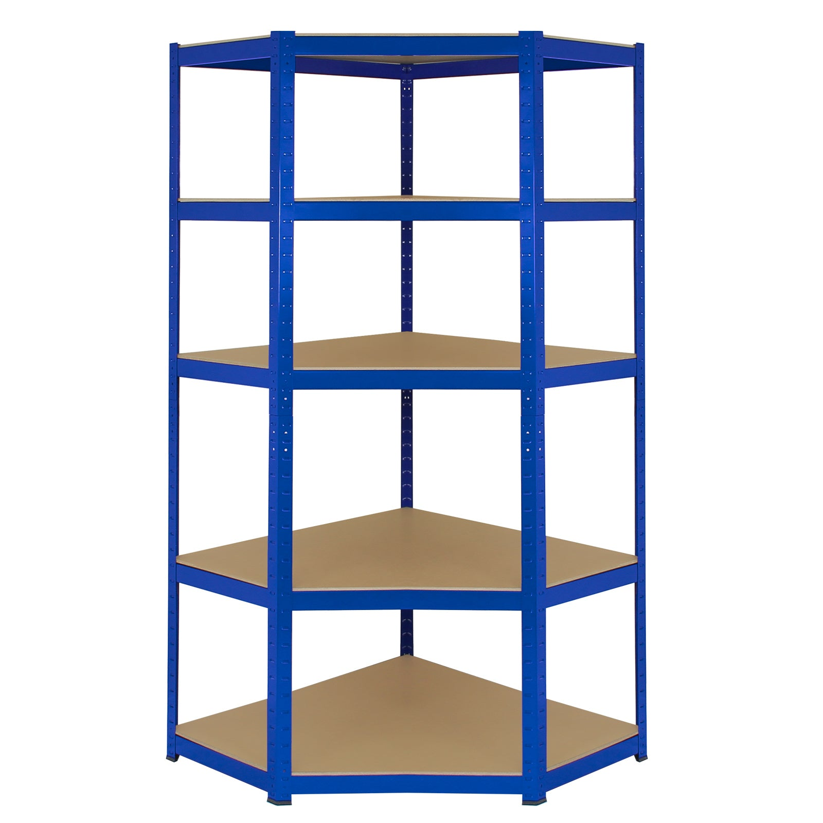 Un estante hexagonal azul con cinco baldas de madera marrón sobre fondo blanco.