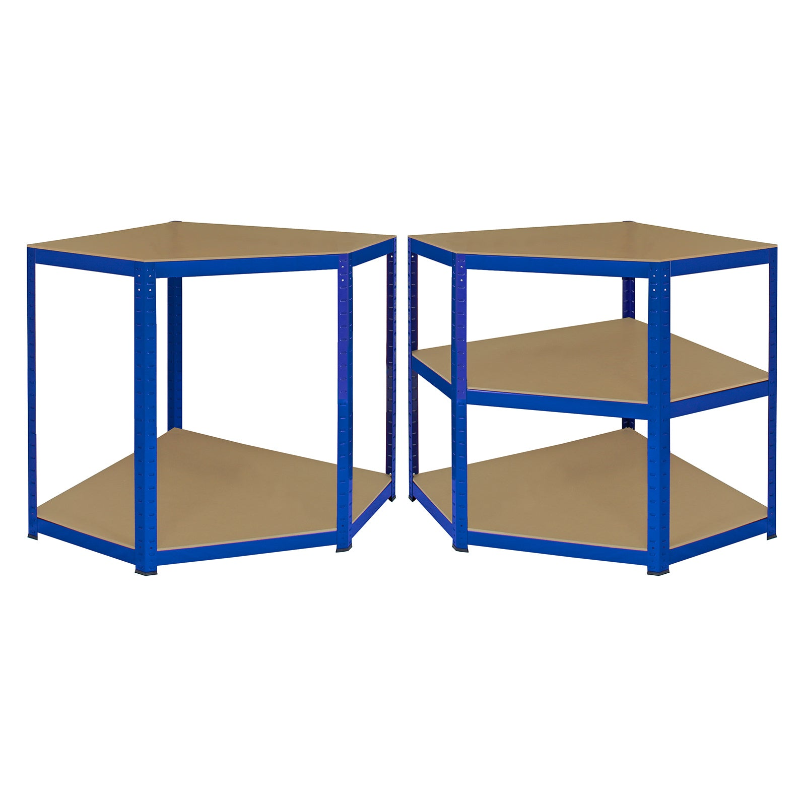 Dos estanterías esquineras azules con baldas de madera marrón sobre fondo blanco.