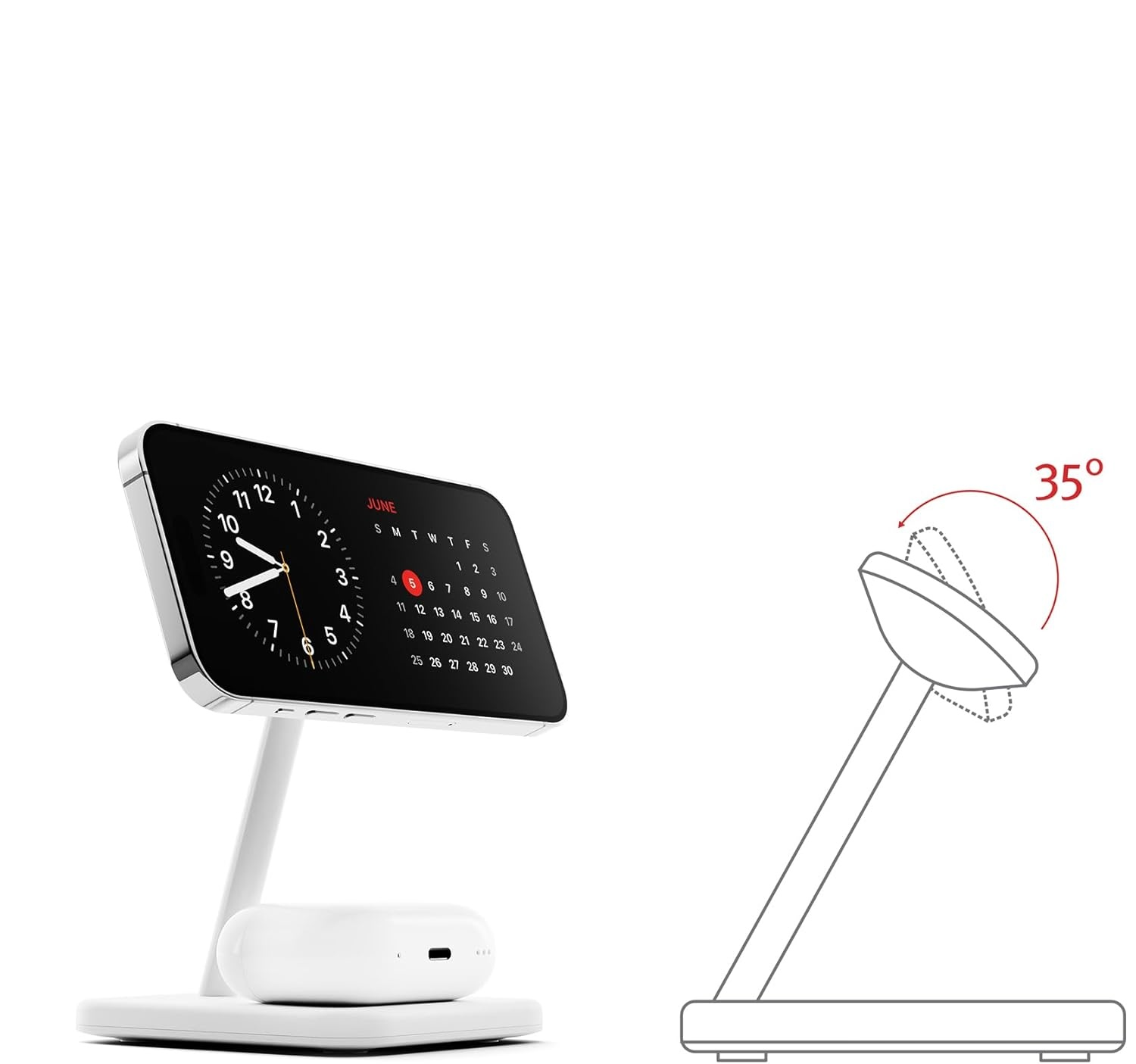 Biała podstawka ładująca z telefonem (zegar/kalendarz) i słuchawkami.