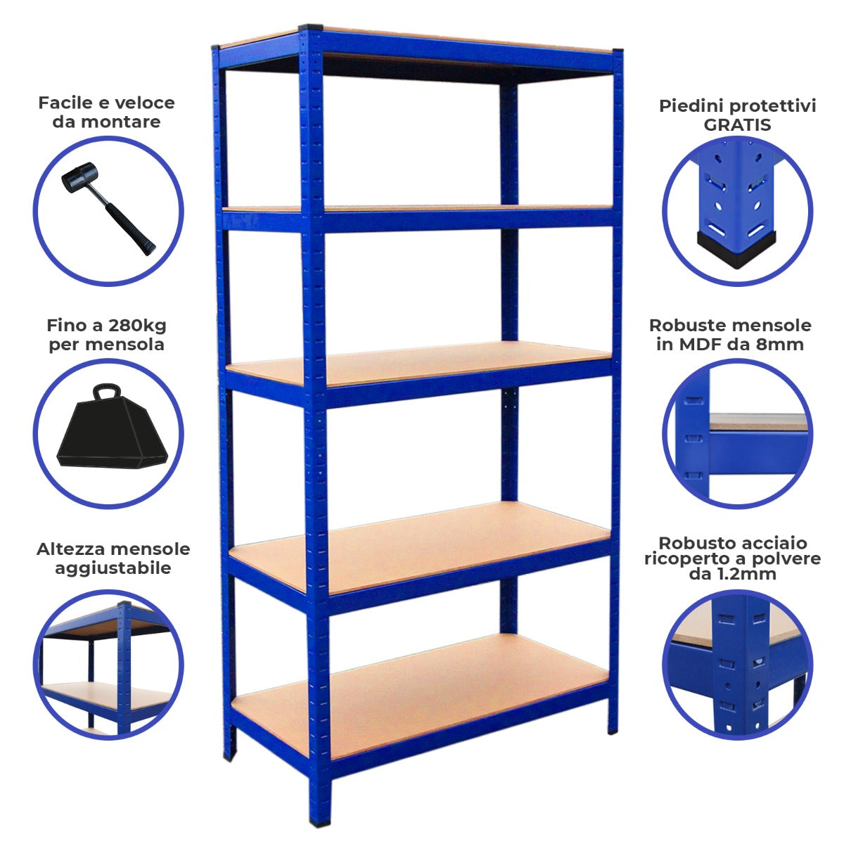 Estantería metálica azul con 5 baldas de madera. Características: fácil montaje, 280kg capacidad.