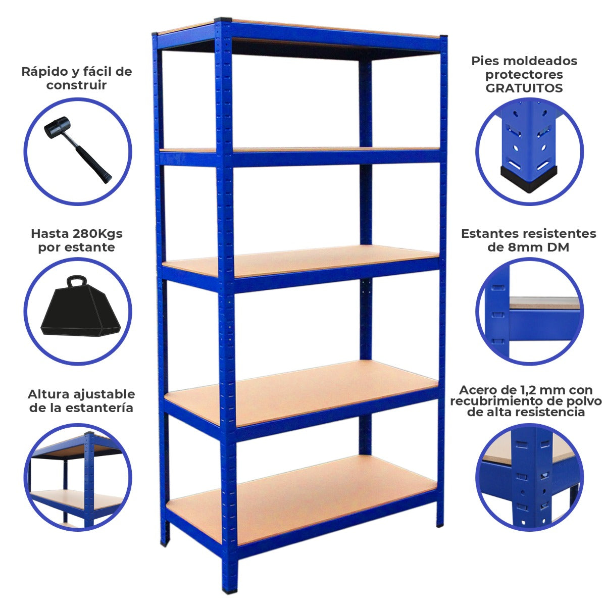 Un estante azul de 5 niveles con madera, fácil de montar y resistente, hasta 280kg.