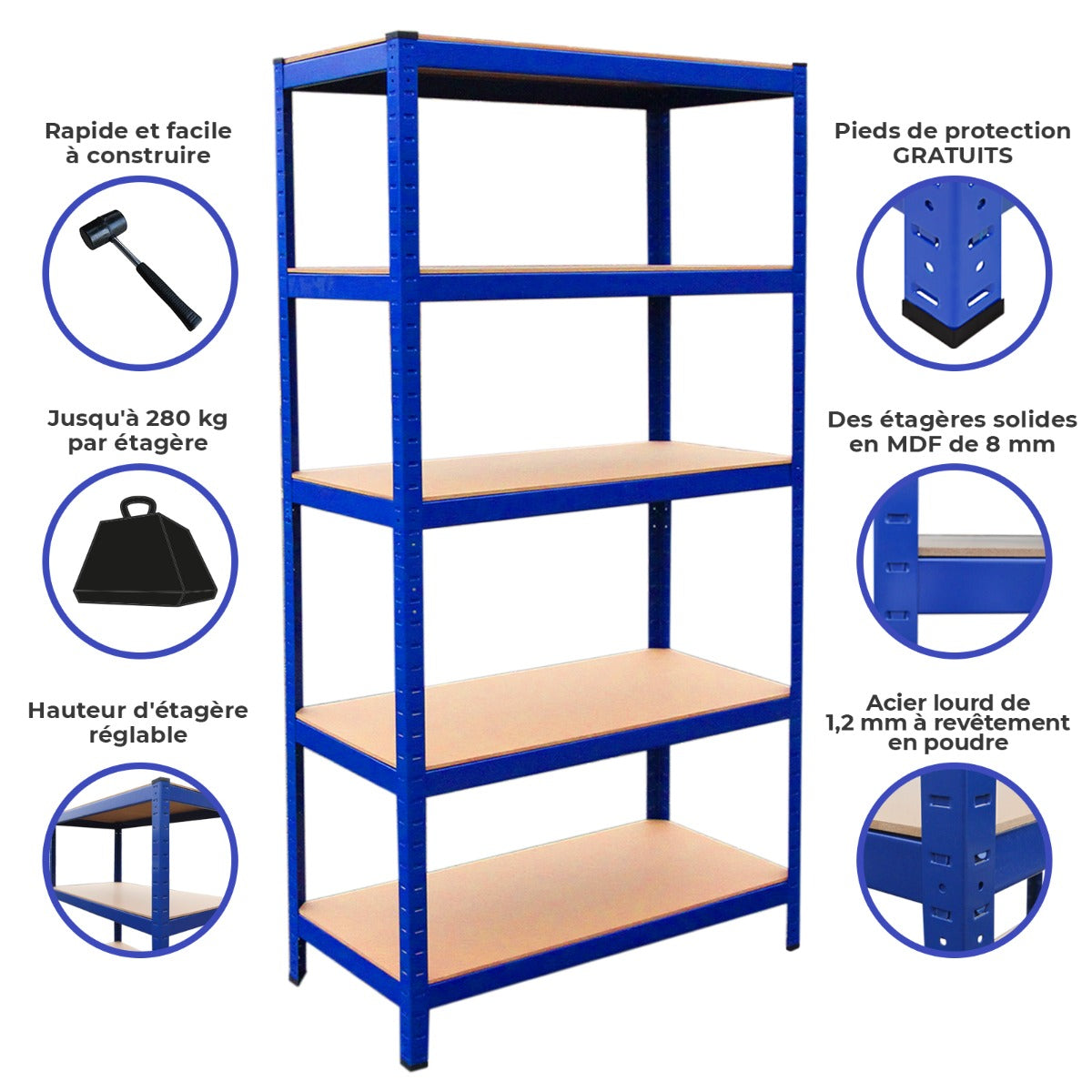 Estantería metálica azul con 5 baldas de madera. Incluye pies protectores gratuitos.