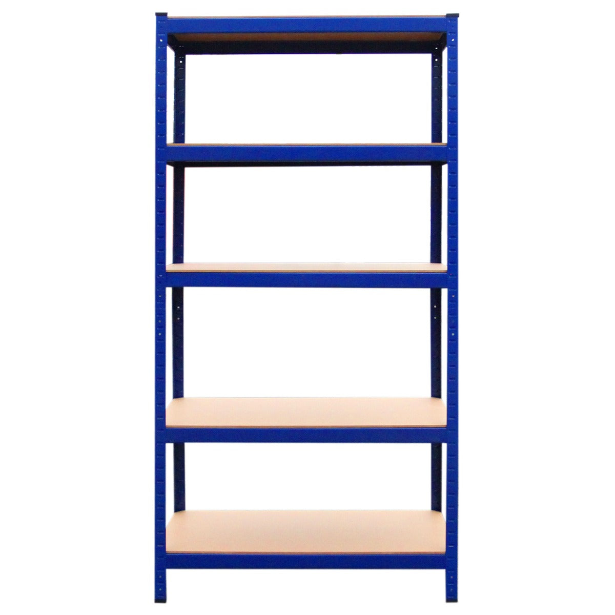 Un estante azul con cinco baldas de madera sobre fondo blanco.
