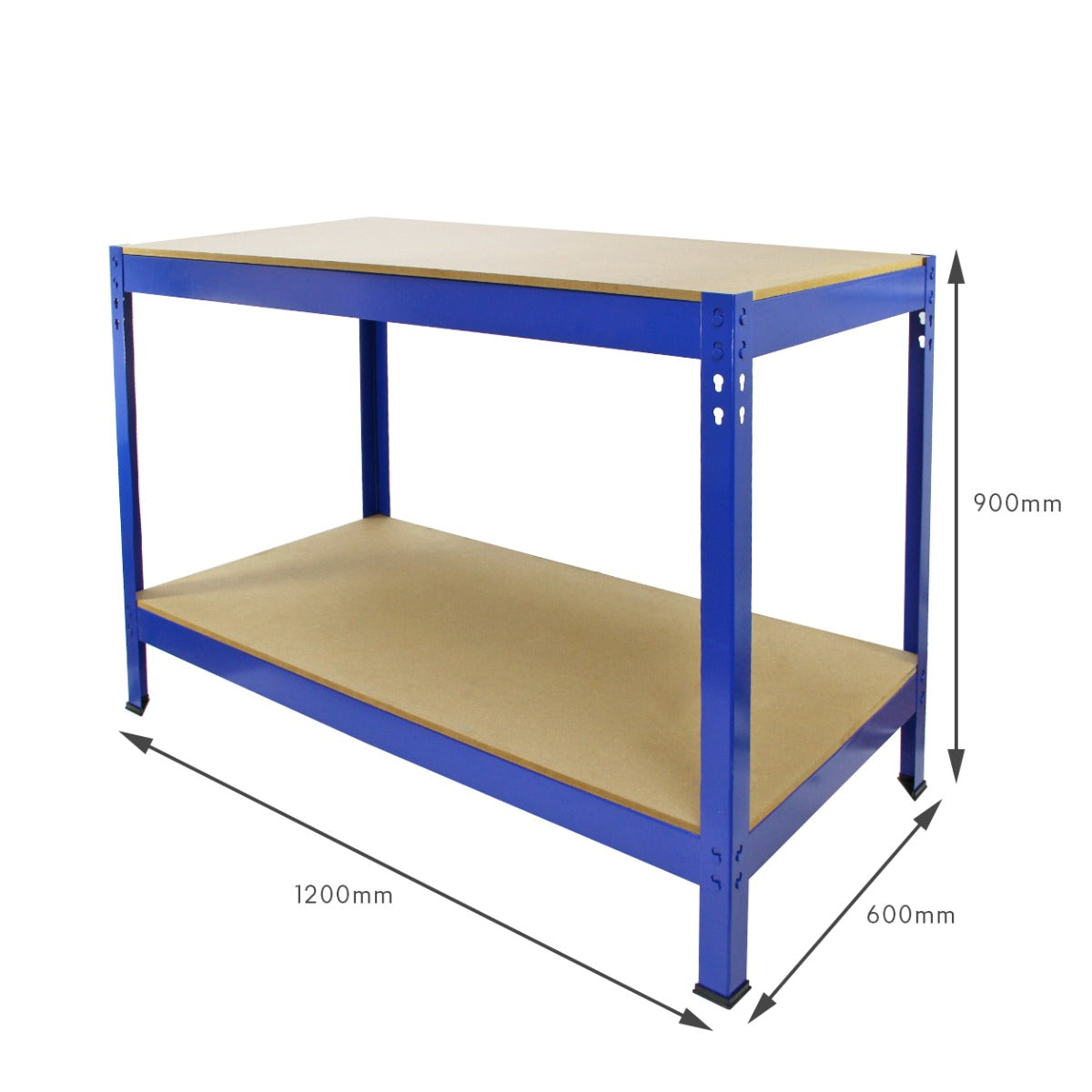 Un estante metálico azul con dos baldas de madera, 1200mm L x 600mm A x 900mm H.