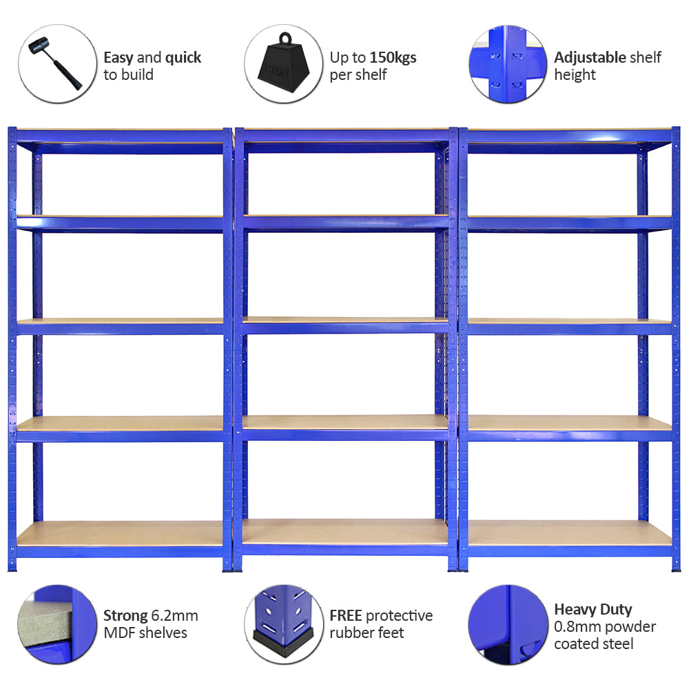 Tres estanterías azules con baldas de madera, fáciles de montar.