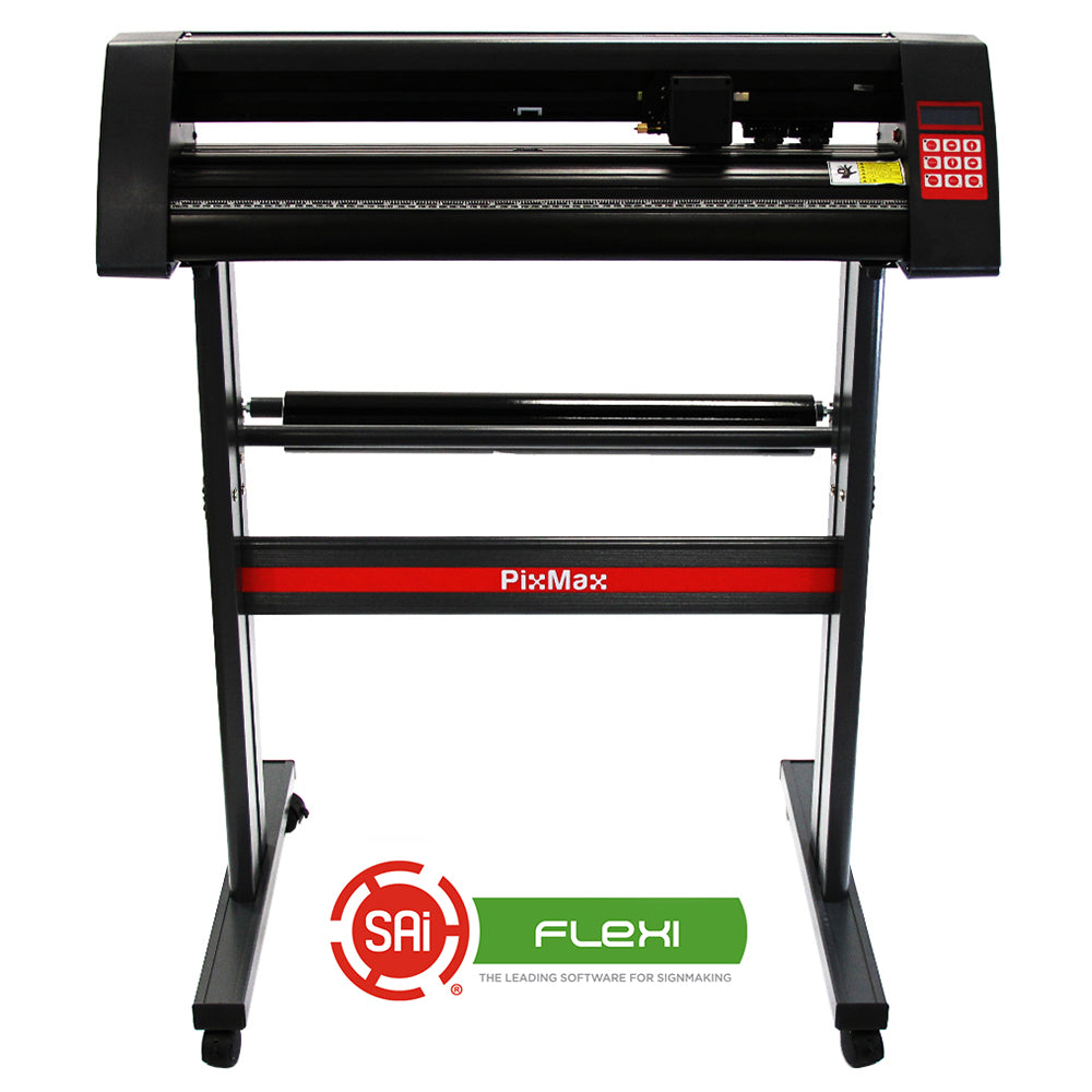 Un cortador de vinilo PixMax negro con franja roja y logo Flexi SAI sobre fondo blanco.