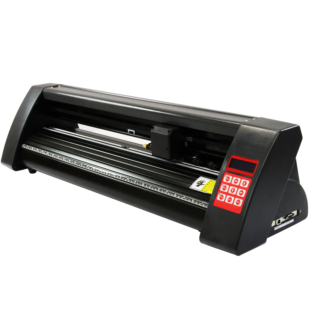 Máquina de corte de vinilo negra con panel de control rojo y teclado numérico.