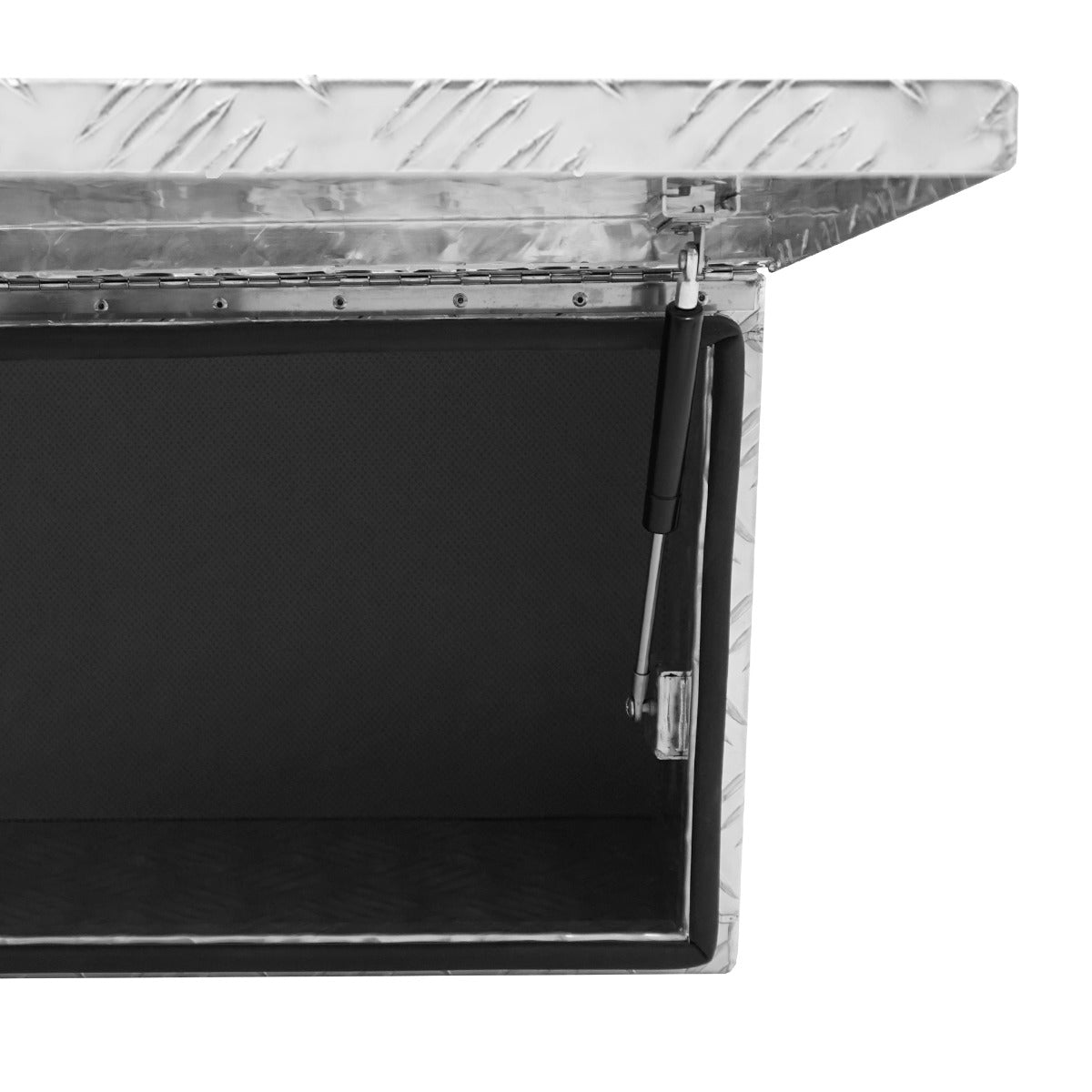 Caja de herramientas plateada abierta de aluminio con interior negro y amortiguador.
