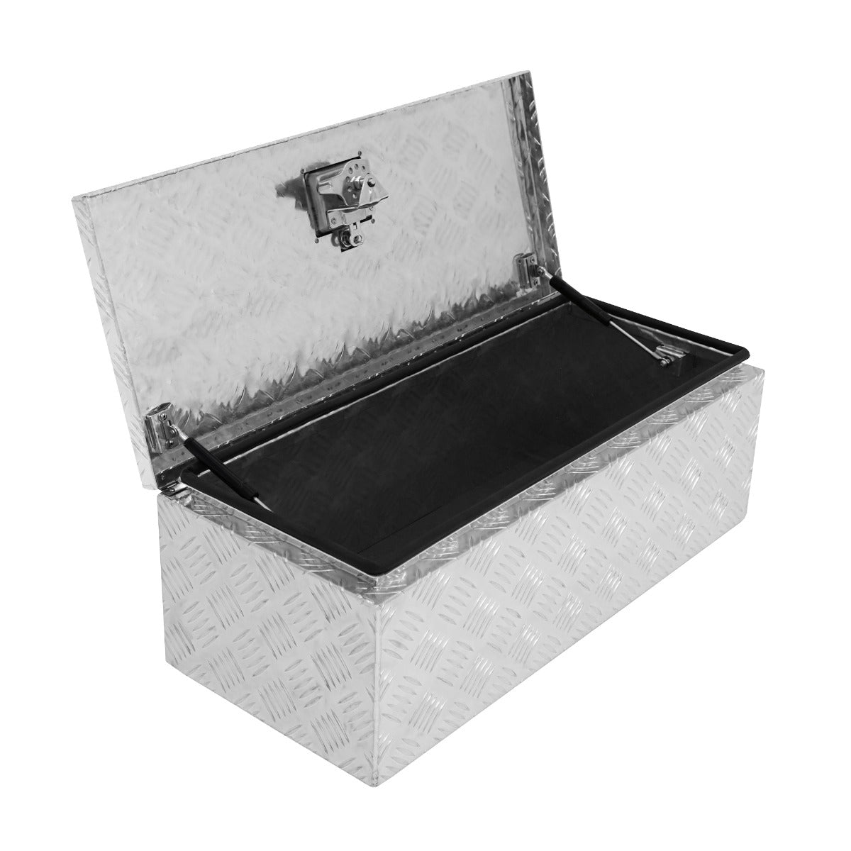 Una caja de herramientas de aluminio plateada abierta con patrón de diamante y interior negro.