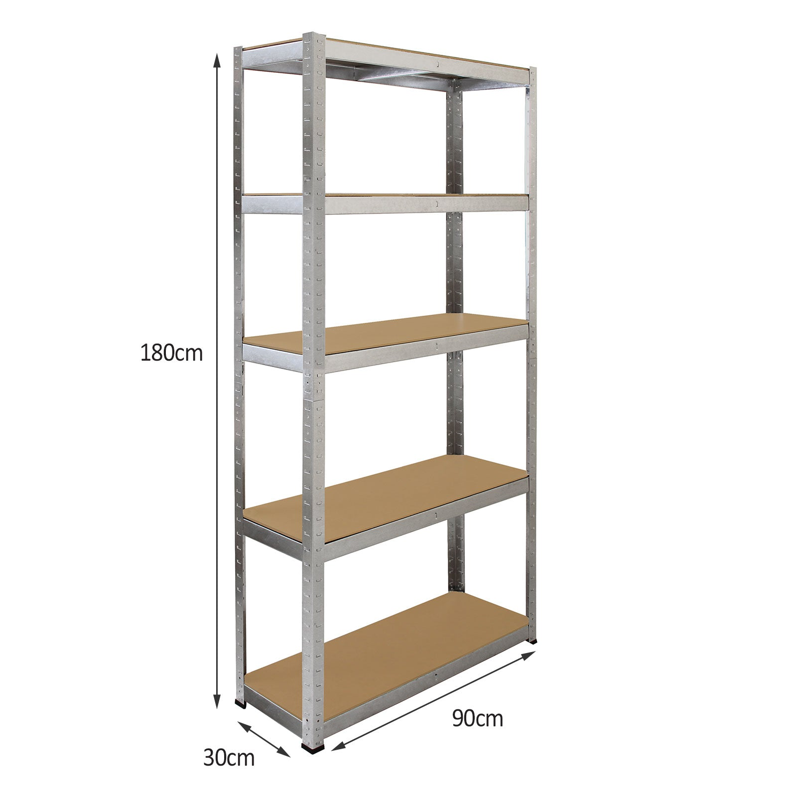 Un estante metálico plateado de 5 baldas, 180cm alto, 90cm ancho, 30cm profundo.