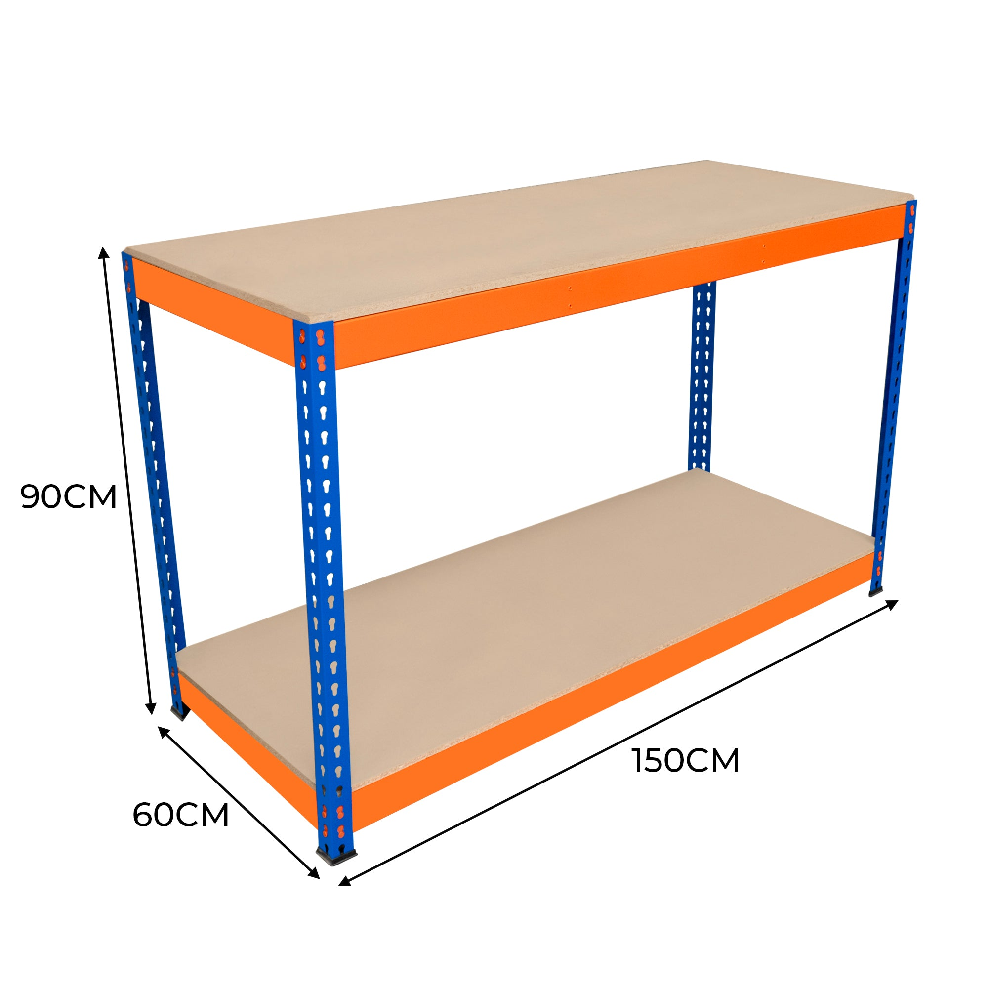 Estantería de dos niveles: 150x60x90cm, azul y naranja.