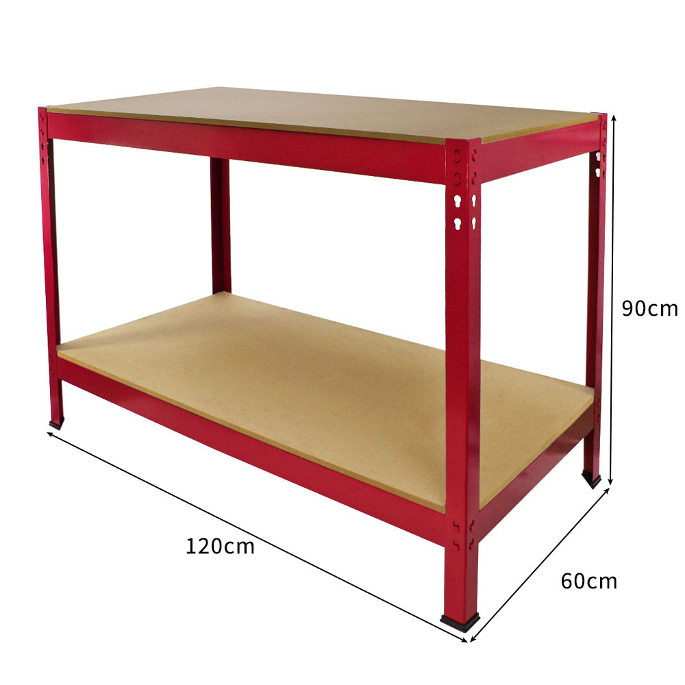 Un estante rojo de dos niveles con estantes de aglomerado. Dimensiones 120x60x90cm.