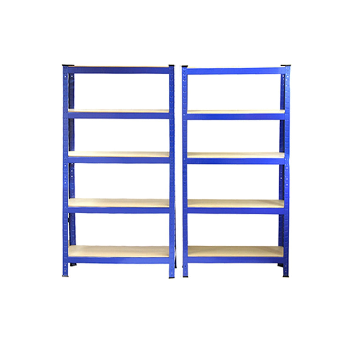 Dos estanterías metálicas azules con baldas de madera, fondo blanco.