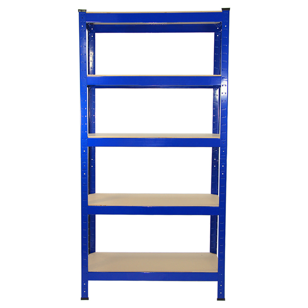 Un estante azul de cinco baldas de madera sobre fondo blanco.