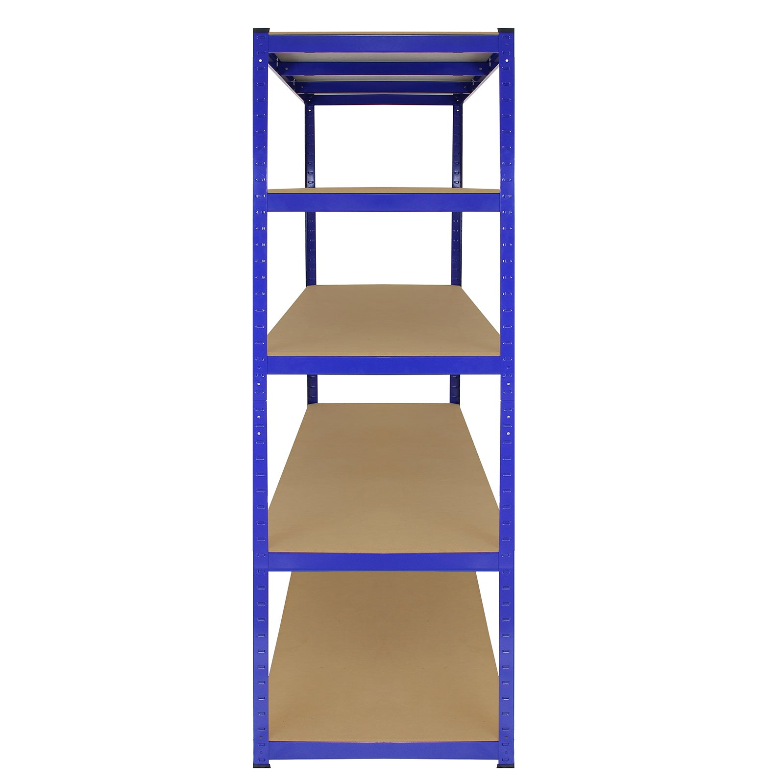 Un estante azul con cinco estantes de madera marrón sobre fondo blanco.