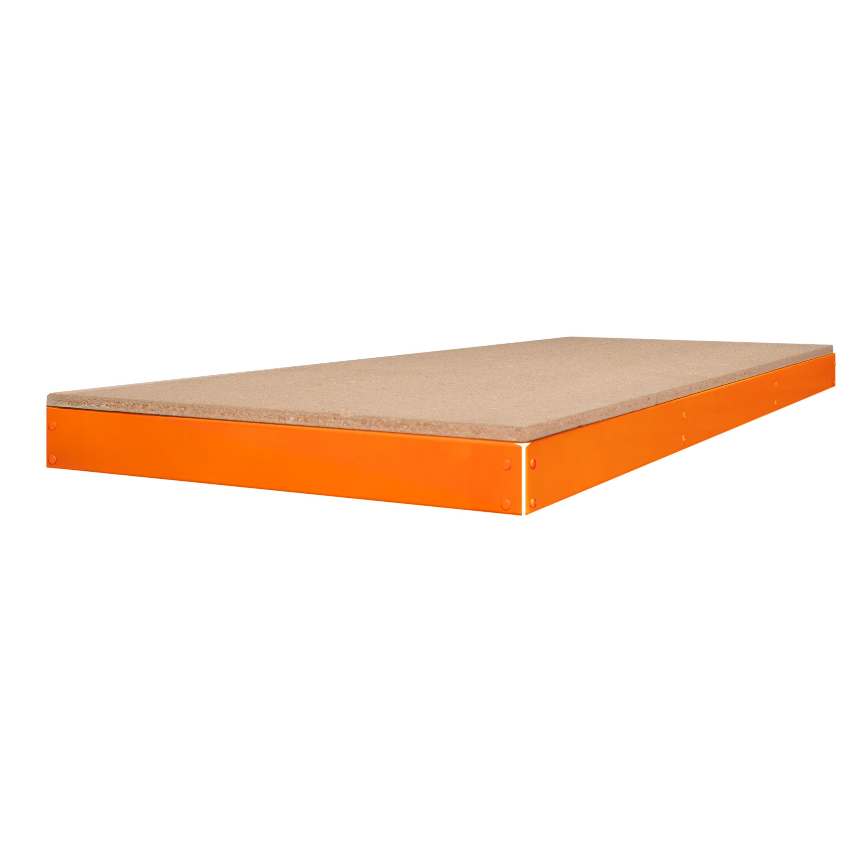 Un marco naranja soporta una tabla de madera marrón.