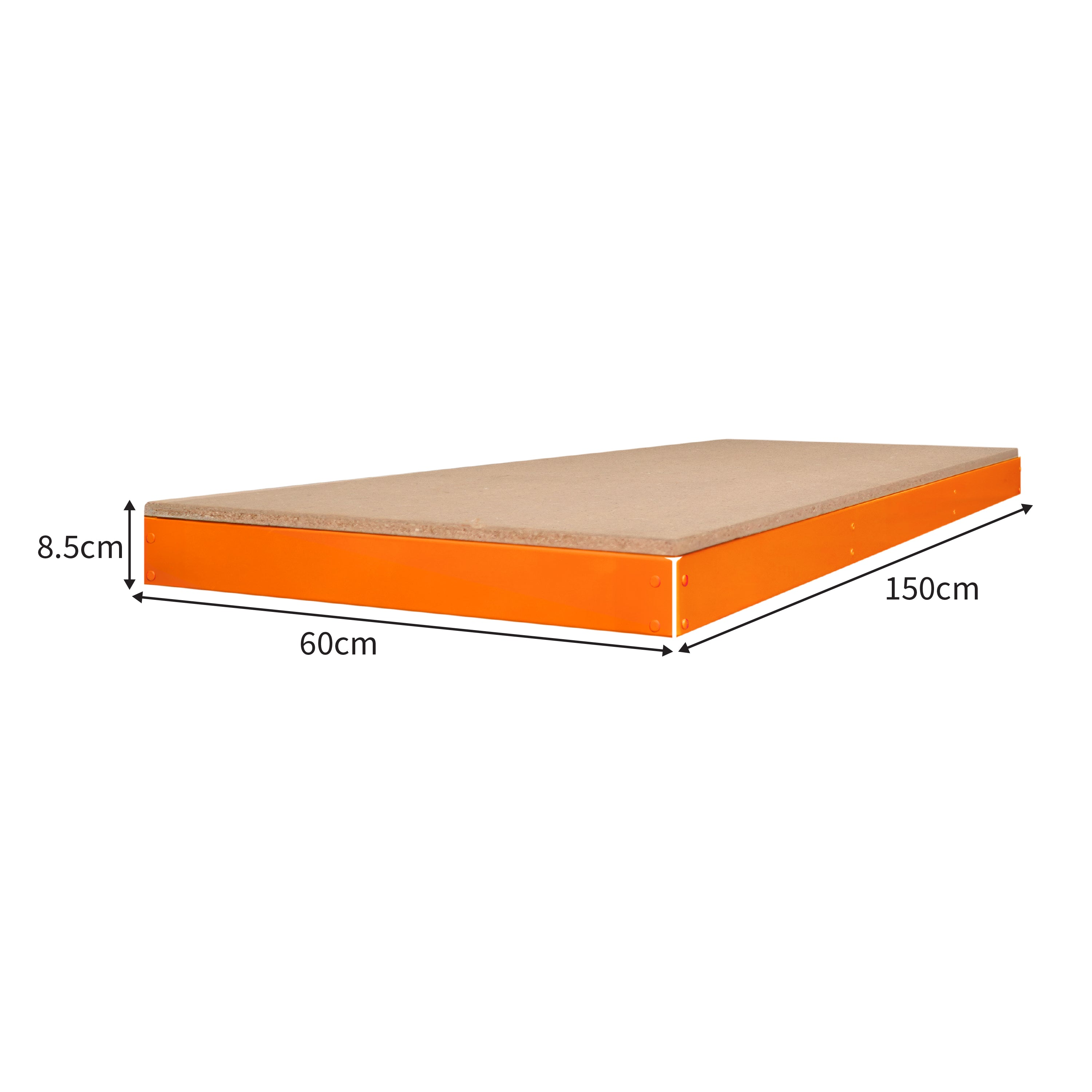Un marco metálico naranja soporta una tapa de madera marrón. Dimensiones: 150cm x 60cm x 8,5cm.