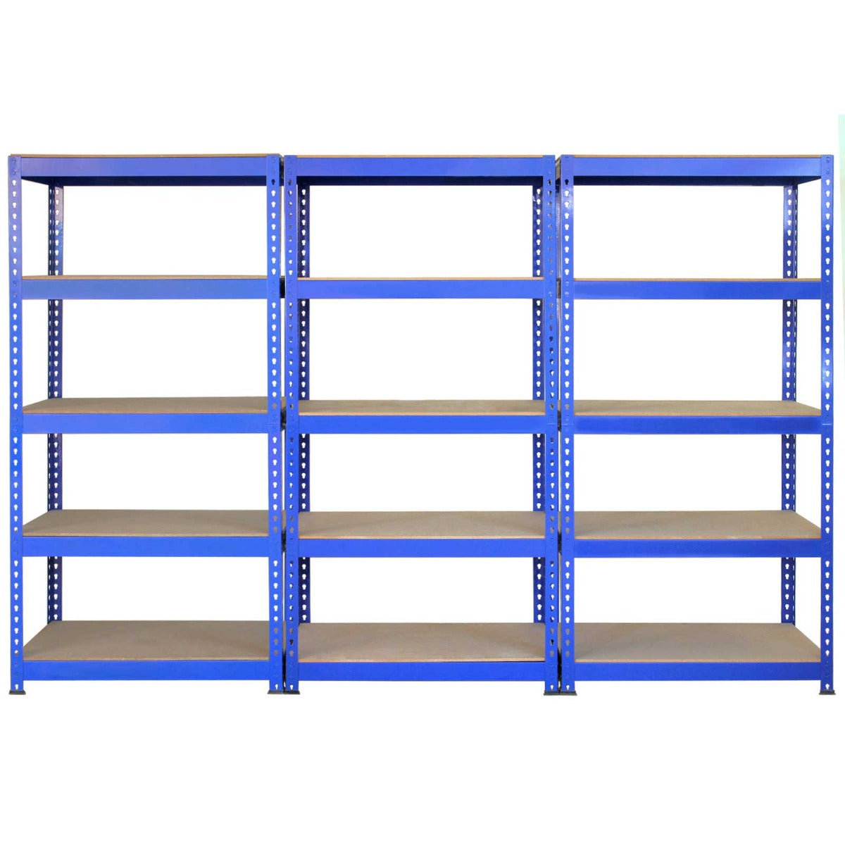 Tres estantes azules con tableros de madera, fondo blanco.