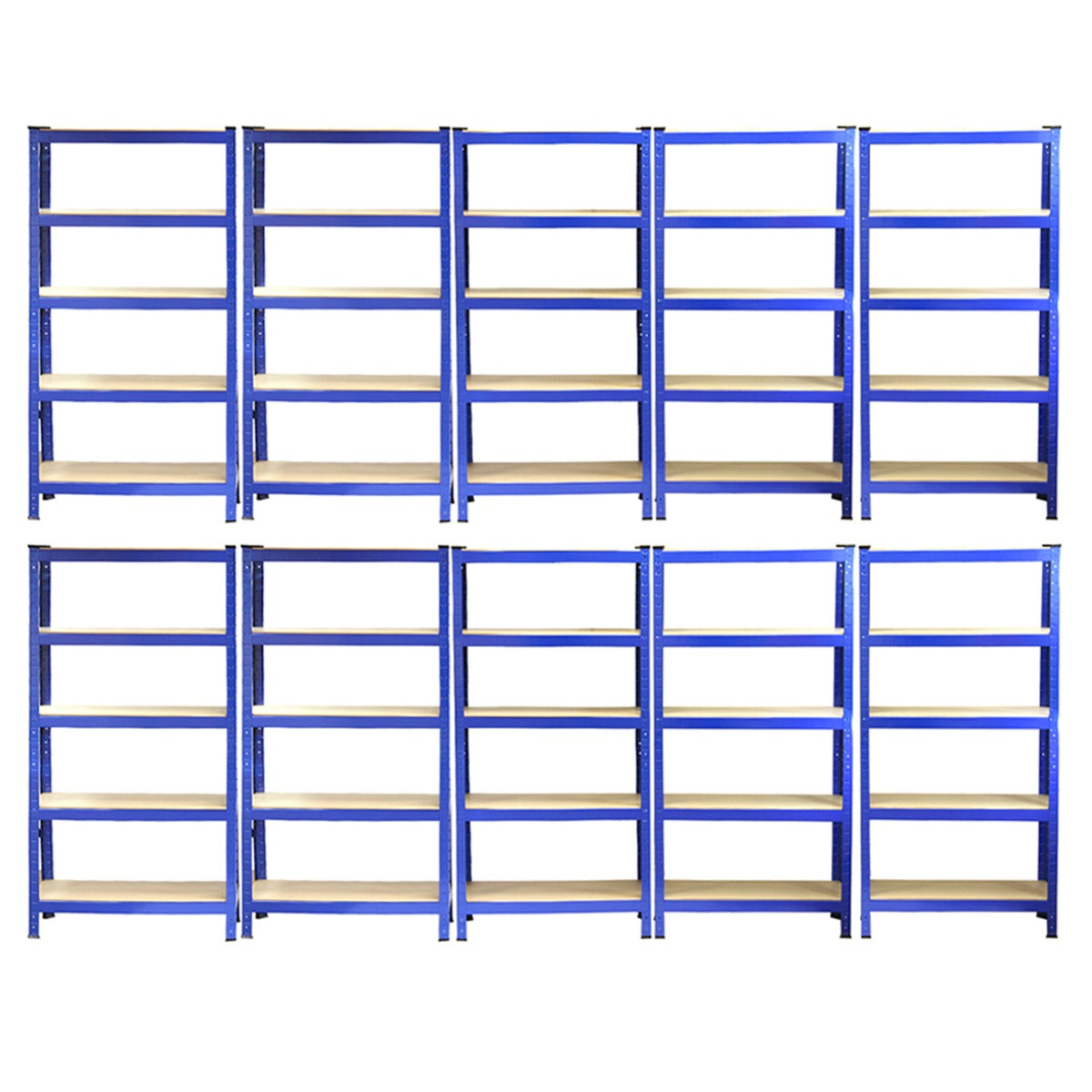 Diez estanterías azules con tablones de madera sobre fondo blanco.