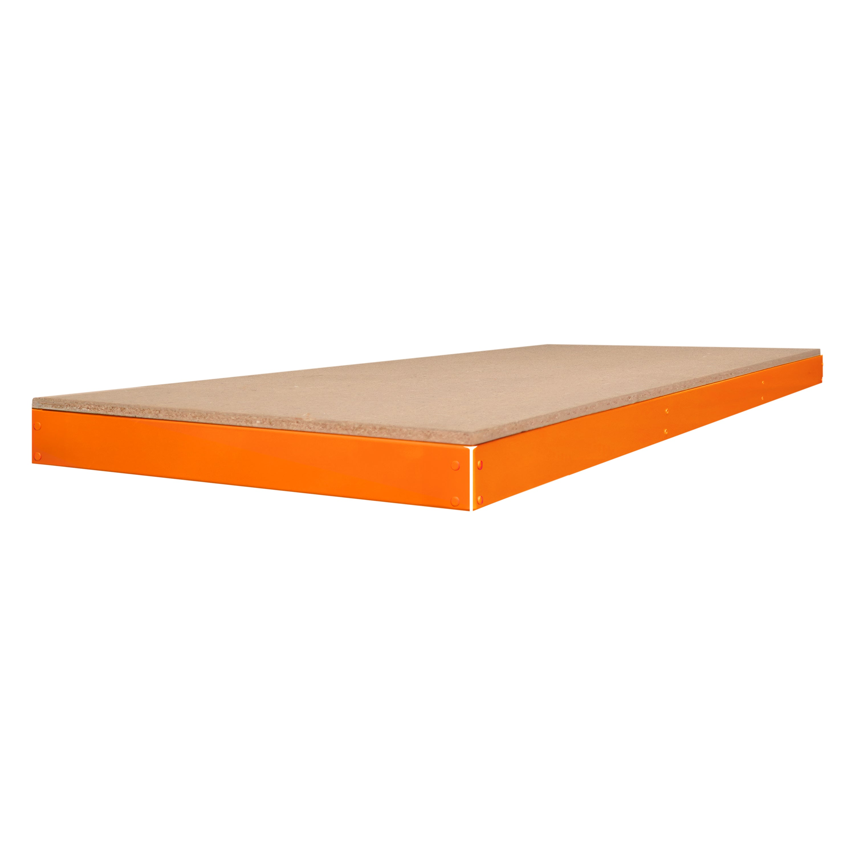 Un marco de estantería naranja con una tabla de madera sobre fondo blanco.